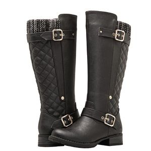 Black Quilted Buckle Knee High Boots